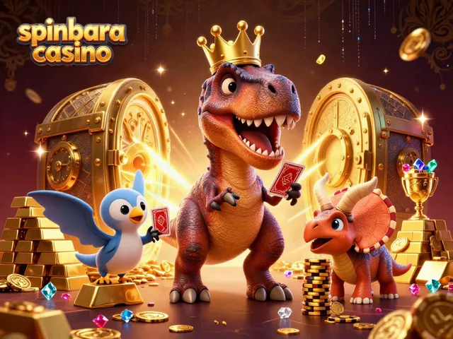Spinbara Casino features vibrant 3D characters enjoying card games and gold treasures.
