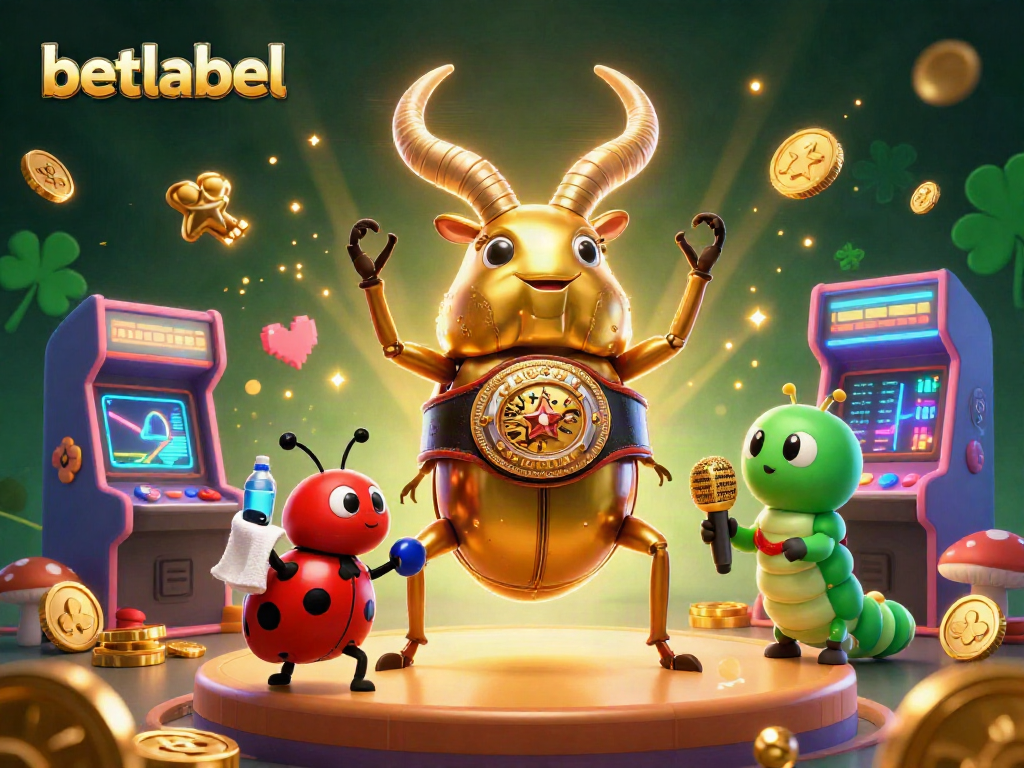 Engage in action-packed gaming with betlabel, featuring a champion stag beetle and colorful casino elements.