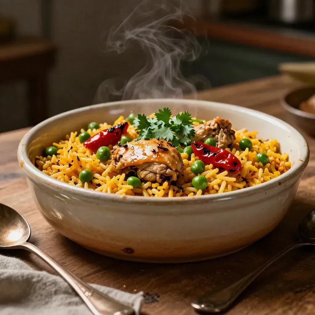 Cazuela de arroz con pollo humeante sobre madera rústica, con culantro y pimientos asados.
