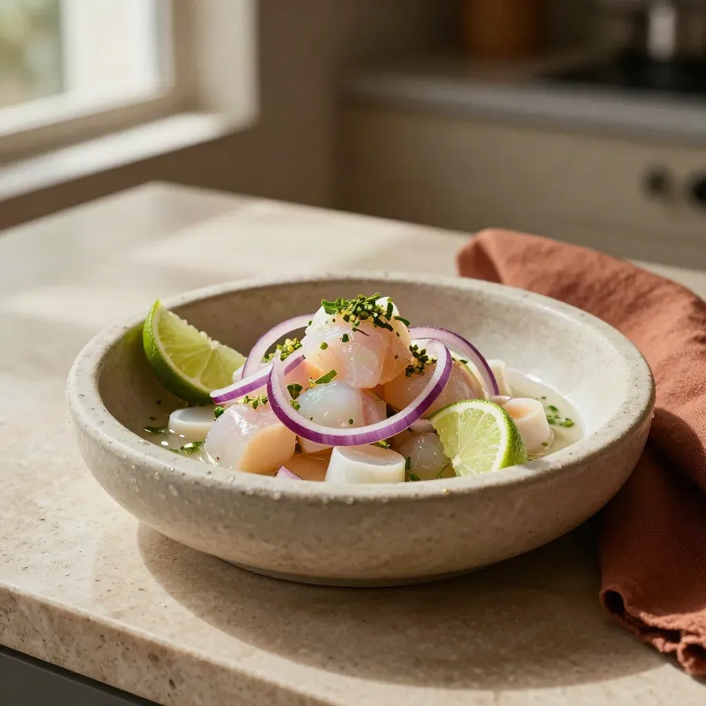 Ceviche limeño con pescado fresco, lima, cebolla morada y boniato sobre piedra clara.
