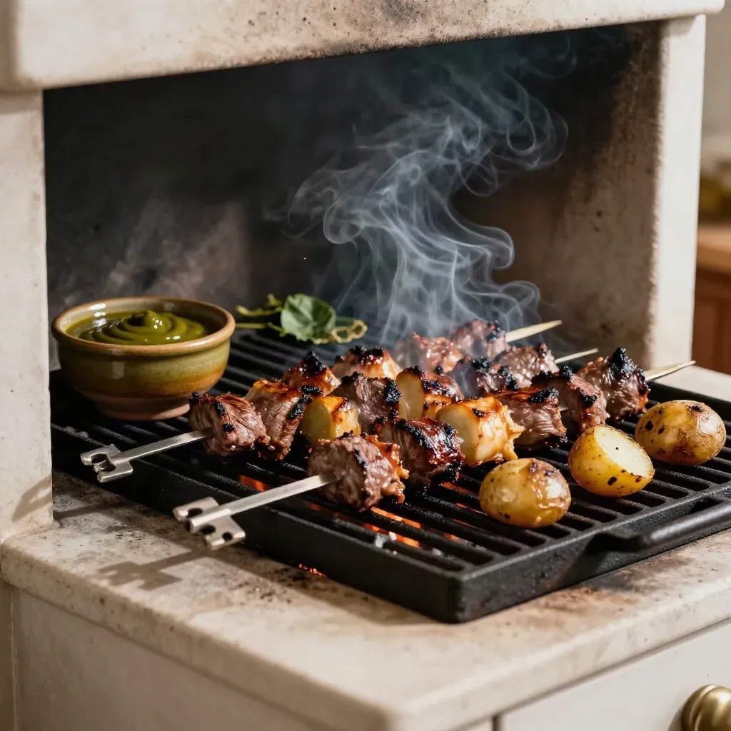 Anticuchos a la brasa sobre parrilla, con patatas asadas y salsa de ají en un ambiente humeante.