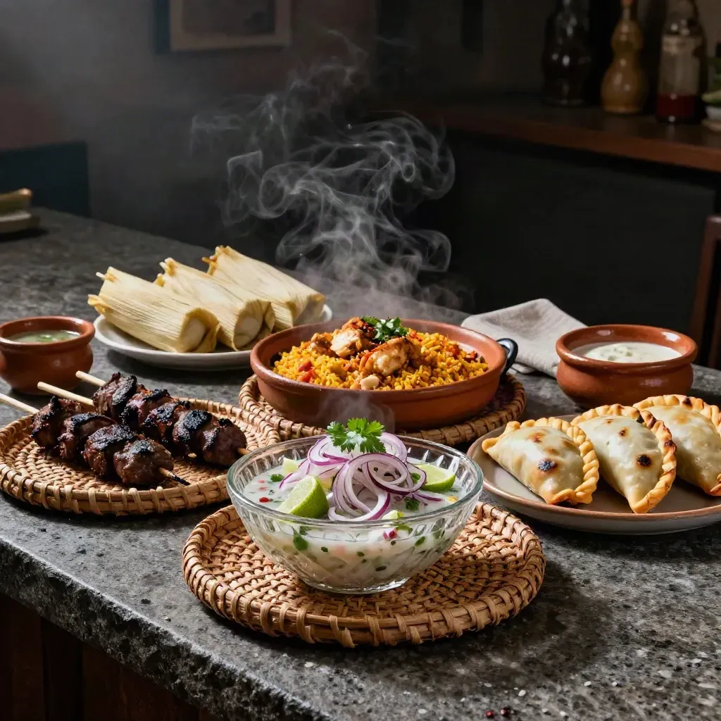 Feast criollo con ceviche, arroz con pollo, anticuchos, tamales y empanadas bajo luz dramática.