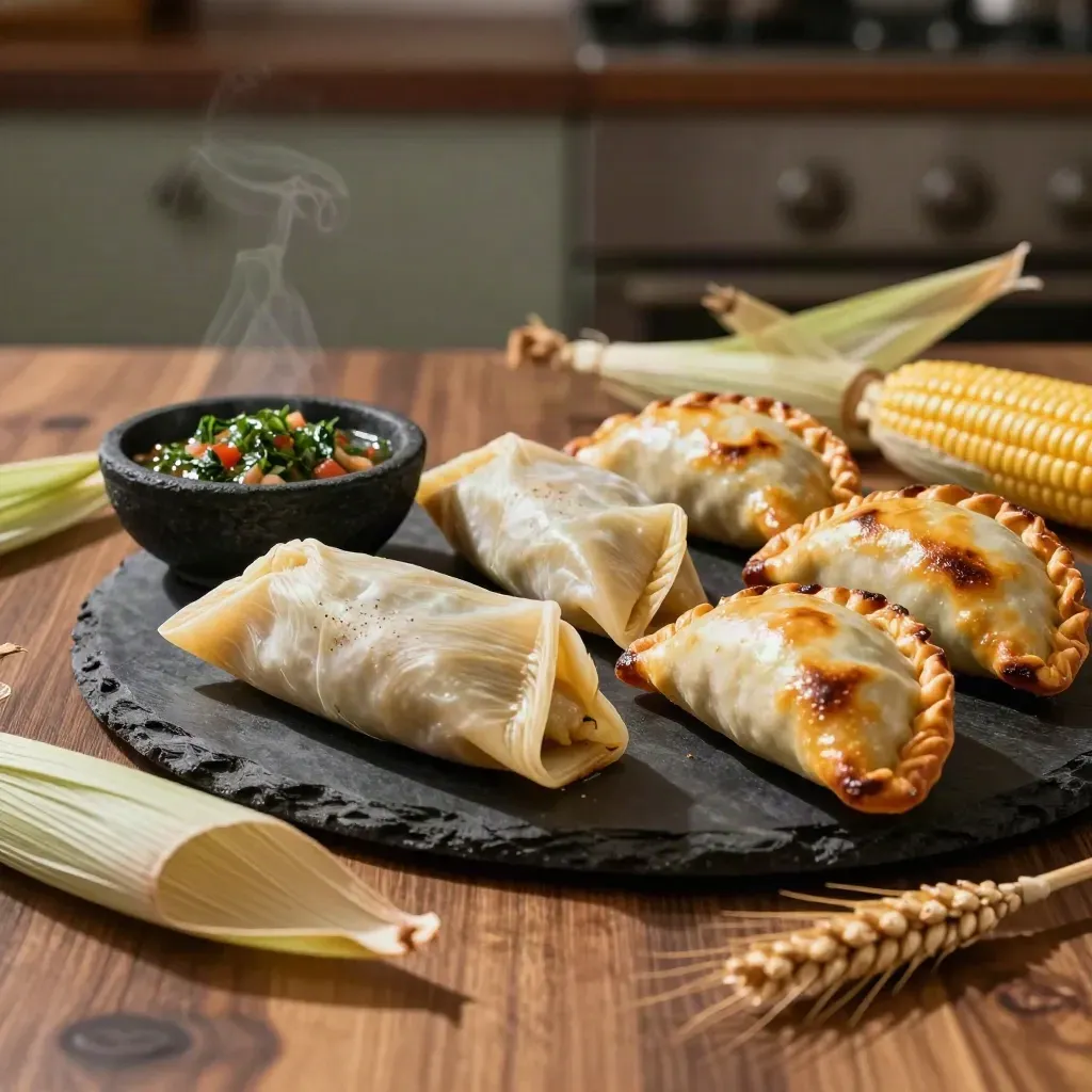 Plato de tamales y empanadas con salsa verde y vapor suave en mesa de madera.
