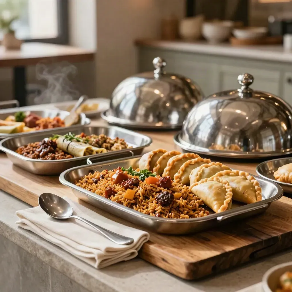 Bandejas de catering criollo sobre una mesa de madera, con vapor suave y luz cálida.