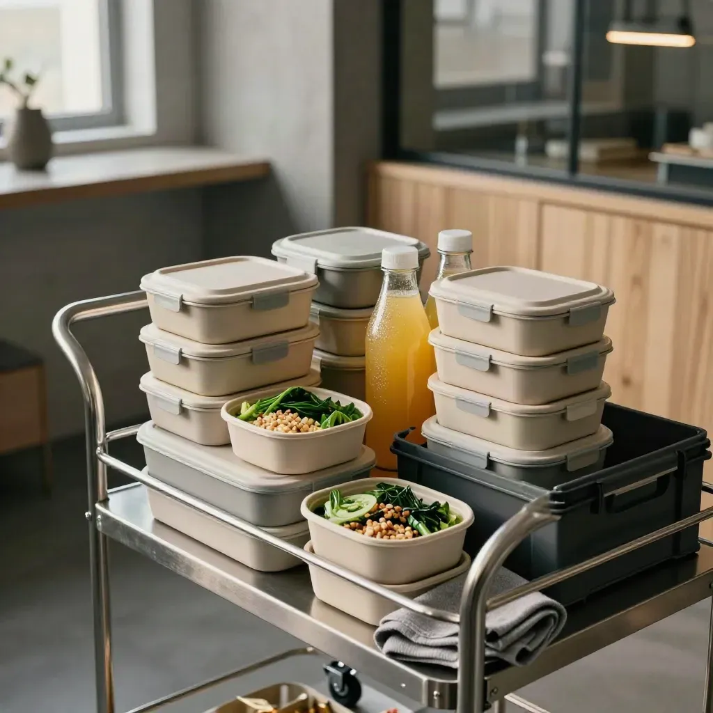 Lunches preparados sobre un carro de servicio en una oficina, con ensaladas y zumos.
