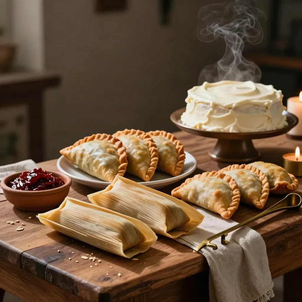 Buffet de cumpleaños con tamales, empanadas, pastel y vapor cálido en una mesa rústica.
