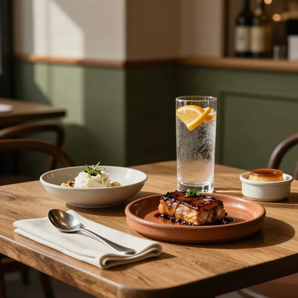 Menú de mediodía con plato, bebida y postre en una mesa de restaurante, luz cálida y ambiente elegante.