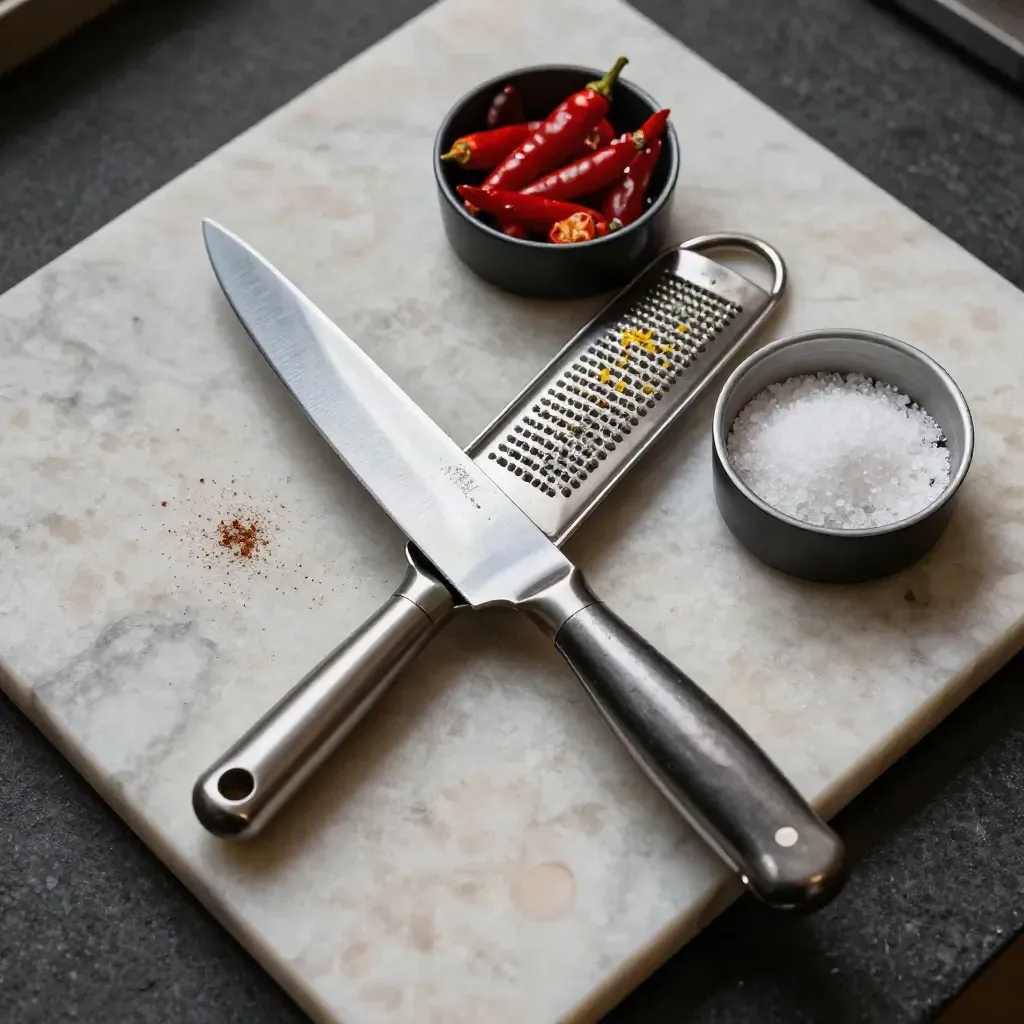 Bandeja de mise en place con cuchillo, rallador, escamador, ají y sal sobre travertino.