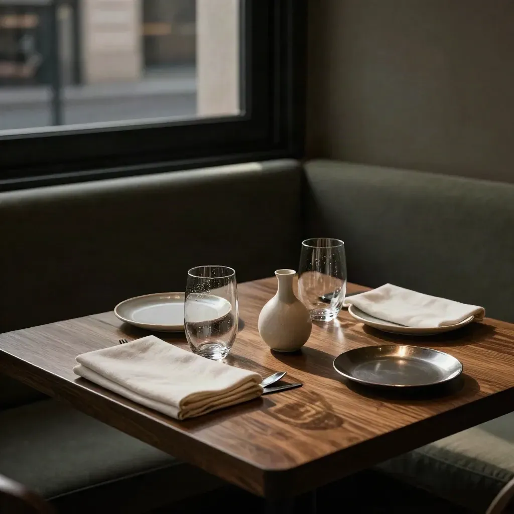 Mesa para dos junto a ventana oscura, copas de agua, servilletas crema y platos listos.
