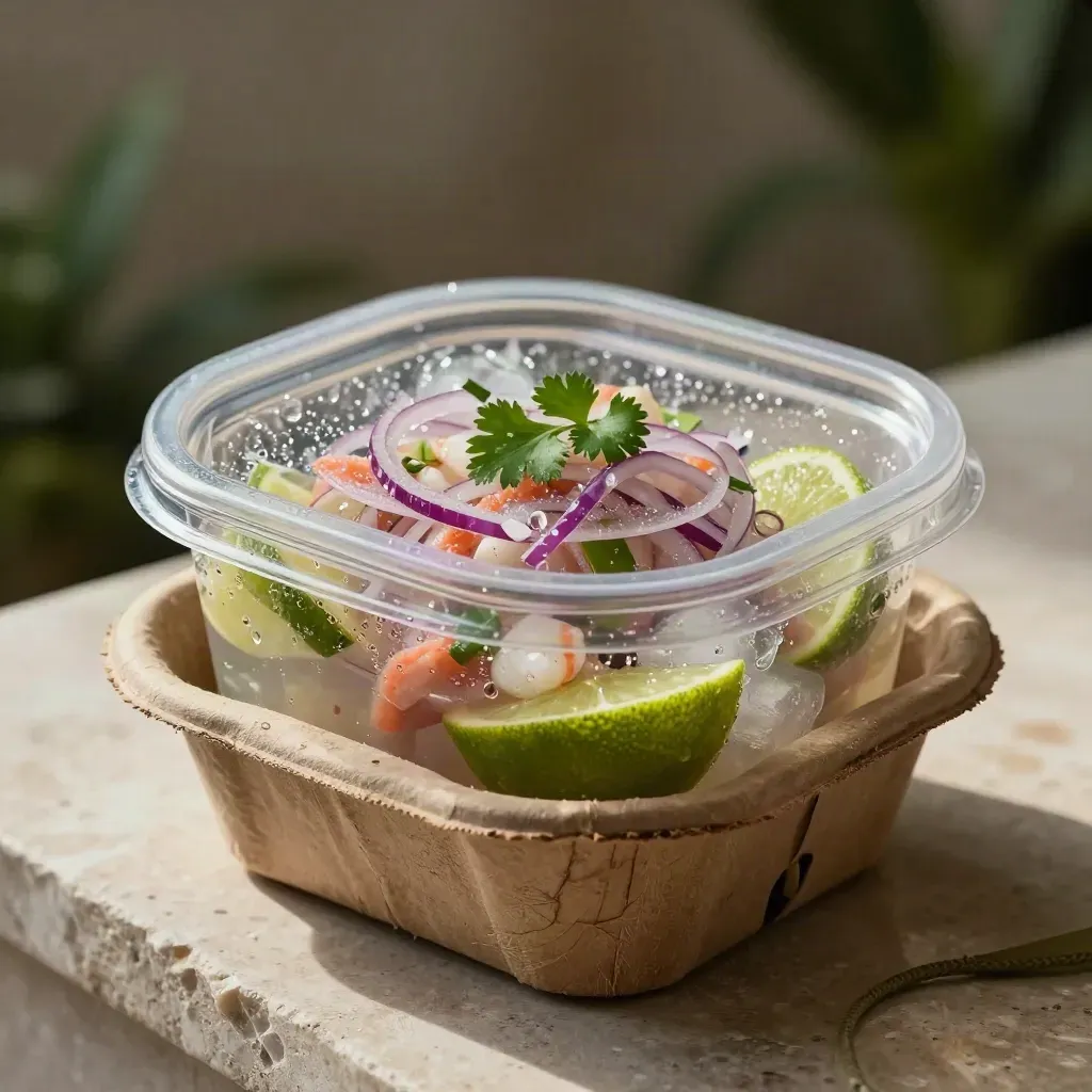 Entrega de ceviche cerrada sobre piedra, con cítricos y condensación.