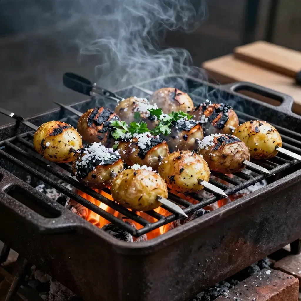 Parrilla de anticuchos con brasas, pinzas y papas saladas, en luz cálida y humo.