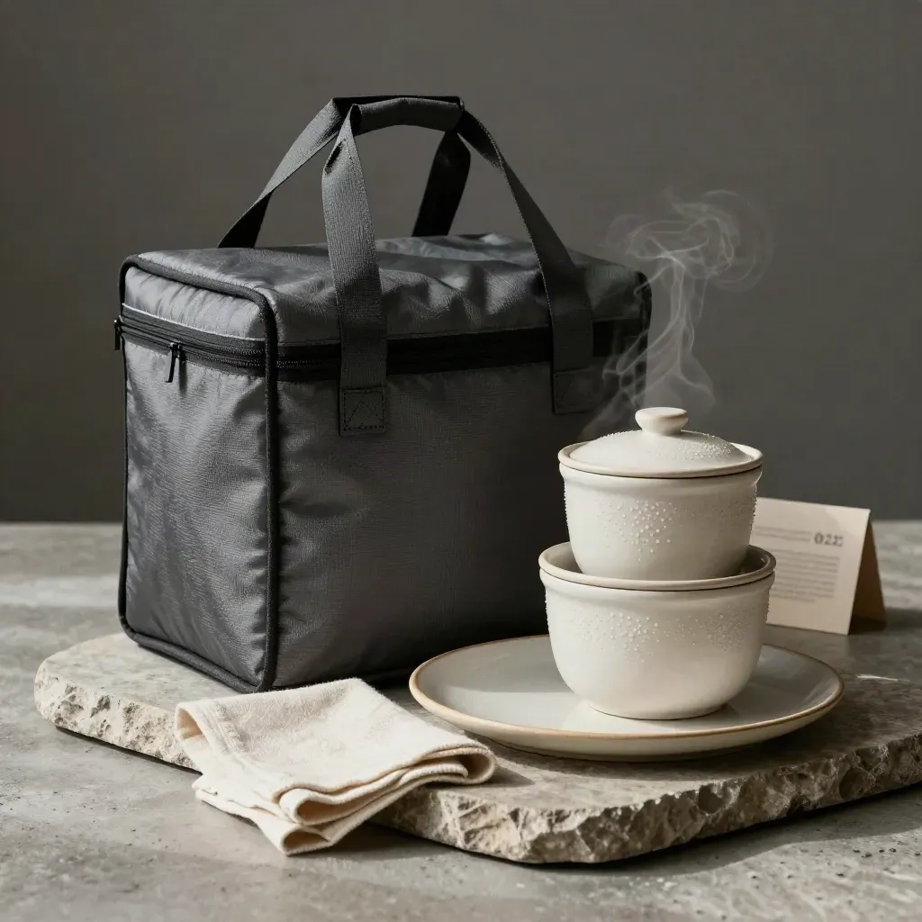 Bolsa térmica y envases listos para reparto sobre bandeja de piedra, luz cálida lateral.