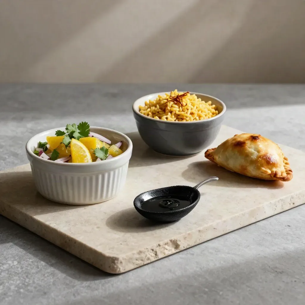 Cuenco de ceviche, arroz, empanada y cuchara en una composición de servicio sobre piedra clara.