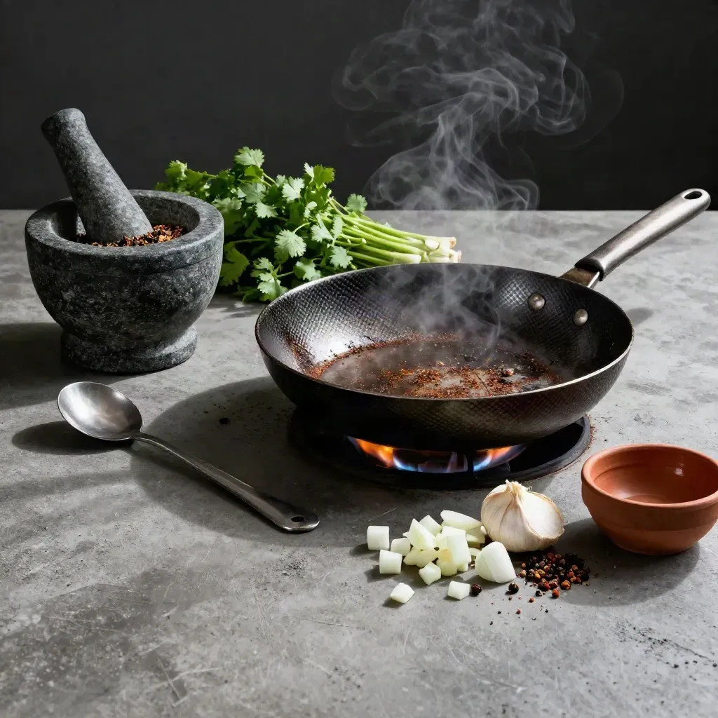 Sartén de acero, mortero de especias, culantro y dados de ingredientes sobre concreto.