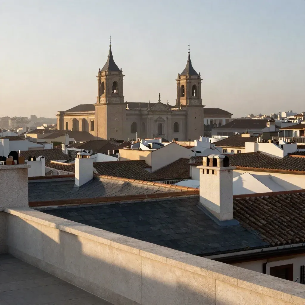 Panorama de azoteas y torres de Madrid con luz cálida, niebla suave y espacio limpio para texto.