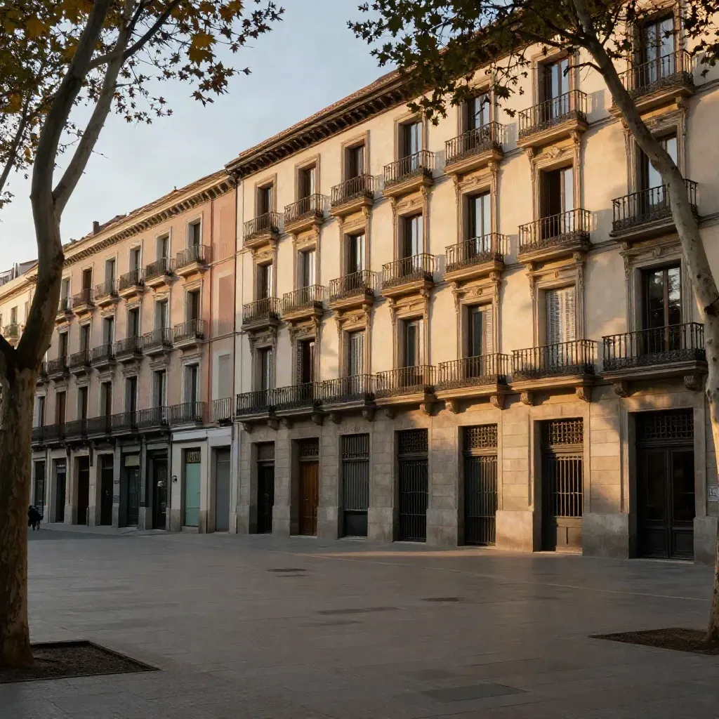 Bulevar madrileño al atardecer con fachadas de piedra y árboles en luz dorada.