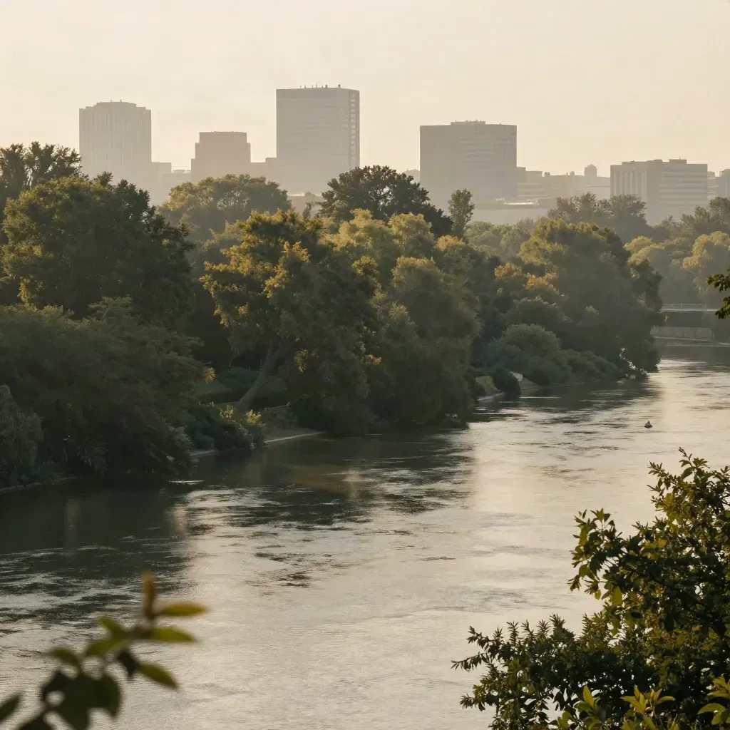 Vista aérea del Retiro con arbolado, bruma y edificios suaves junto al río.