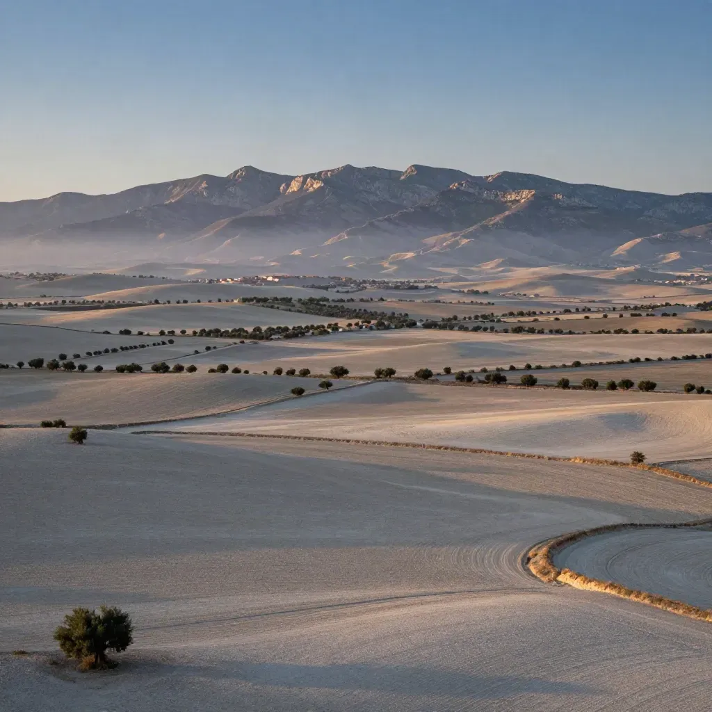 Panorámica aérea del valle de Madrid al amanecer con la Sierra de Guadarrama al fondo.