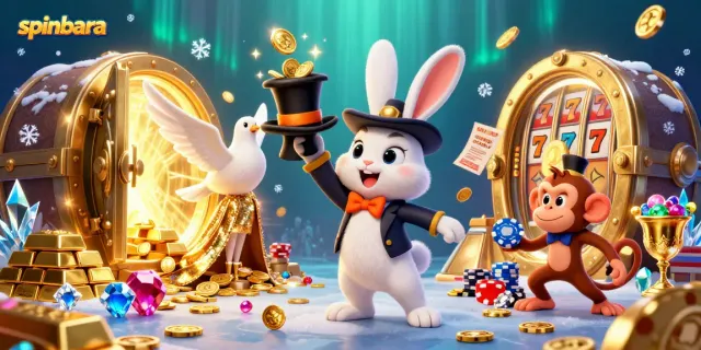 Spinbara casino showcases a dynamic scene with a magician rabbit, a dove, and a monkey amid dazzling winnings and casino elements.