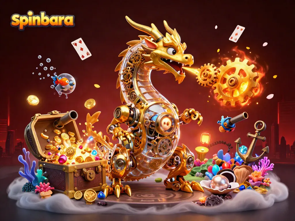 Experience thrill at Spinbara Casino with this 3D illustration showcasing gold gears and vibrant gems.